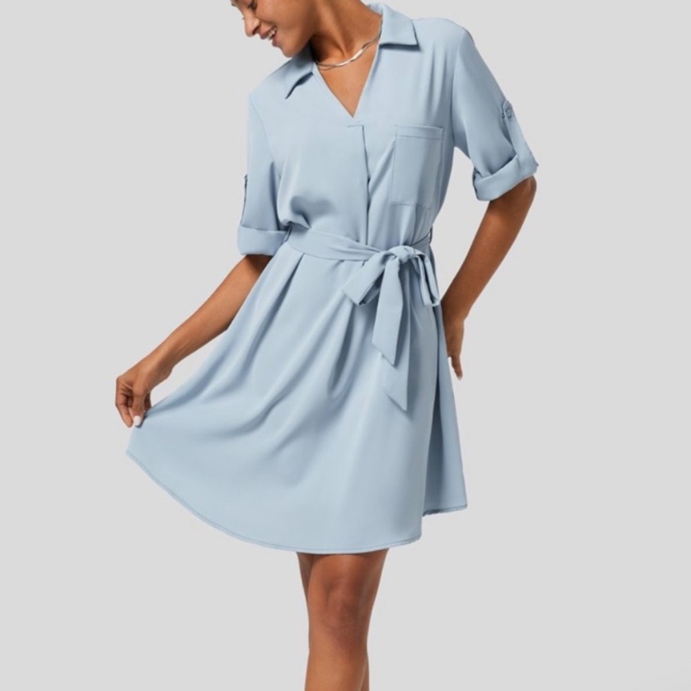 Halara Collared Roll Up Sleeve Belted Work Shirt Dress misted blue XLG